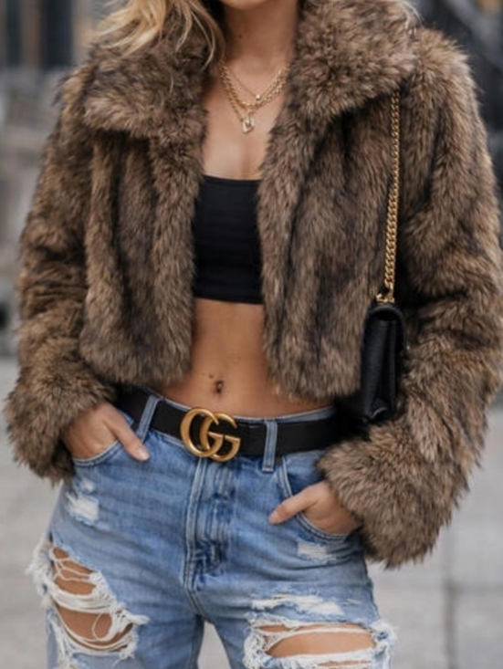 Jackets & Blazers - NWT Luxury Sz M Brown Cropped Faux Fur Coat Chic IT Girl Street Style Glam Vibe